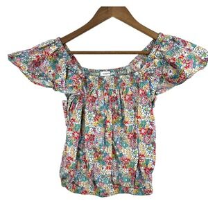 Nordstrom Floral Print Smocked Top Flutter Sleeve Women's XS Summer‎ Blouse